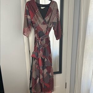 Molly Bracken Red and Black Patchwork Wrap Midi Dress
